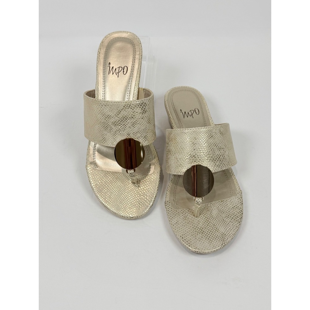 Impo Women Champagne Gold Snakeskin Embossed Wedge Sandals Thong Slide Size 5.5M
